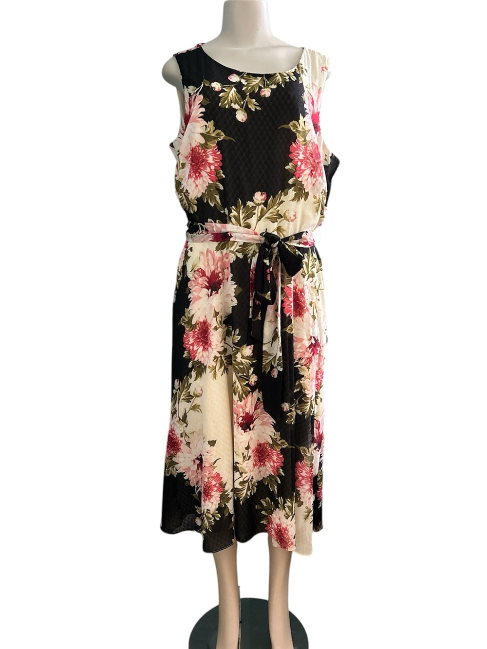Perceptions Black & Cream Floral Tie-Waist Midi Dress Plus Size 18